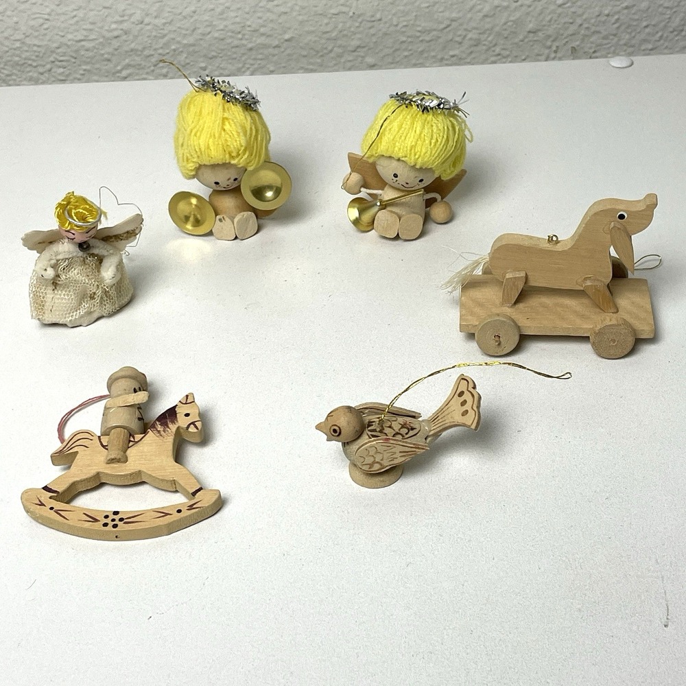 Vintage Taiwan Wooden Christmas Ornaments Angel Bird Dog Horse Lot of 6